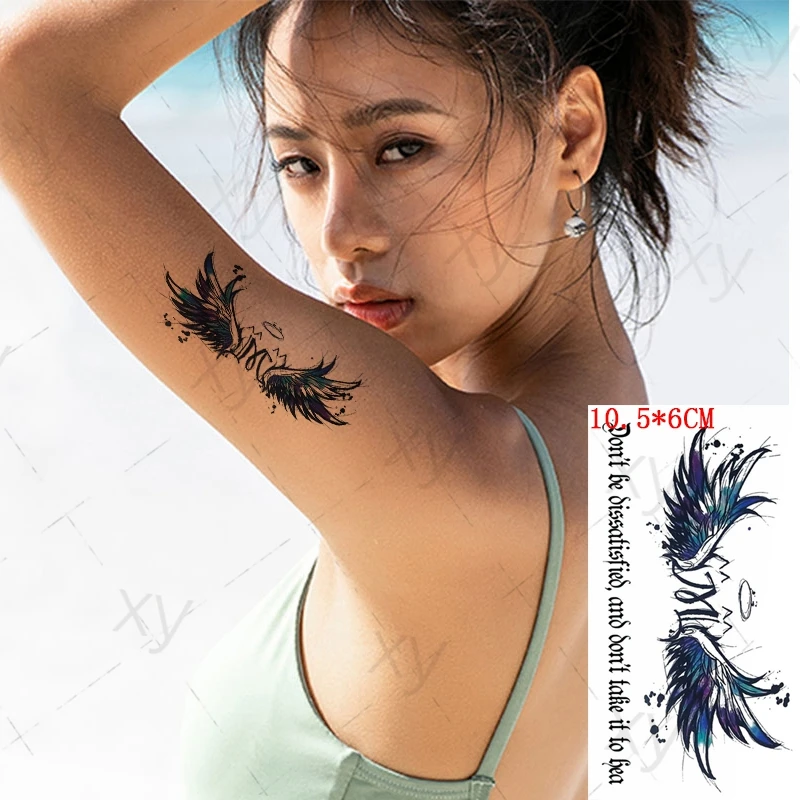 

Водостойкая временная татуировка наклейка цвет Крыло ангела черное английское письмо поддельные татуировки флэш-татуировки на руку боди-арт для женщин и мужчин