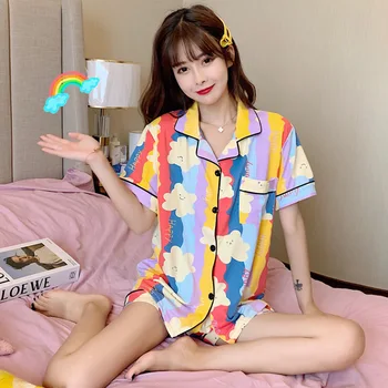 

2020 Summer New Style Women'S Short-Sleeved Clothes Cardigan Pajamas Cartoon Skittles Home Services