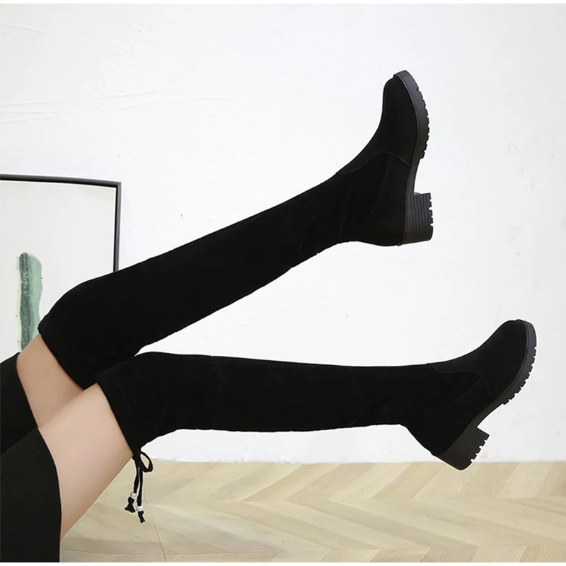 MCCKLE/Осенняя обувь; женские ботфорты выше колена; Модные женские ботфорты на шнуровке; Повседневная замшевая обувь на платформе и низком каблуке