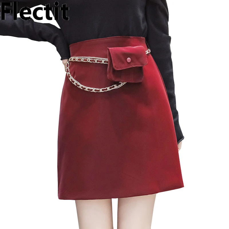 

Flectit Women Leather Skirt with Chain-Belt Bag High Waisted Utility Cargo Skirt Fall Winter 2019 Sexy Club Fashion *