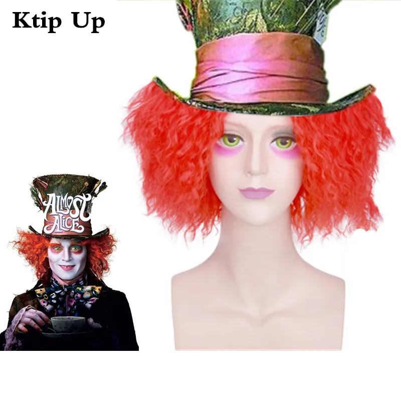 

Anime Wigs Alice in Wonderland 2Mad Hatter Cosplay Wig Tarrant Hightopp Red Short Curly Synthetic Hair Party Costume Wig+Wig Cap