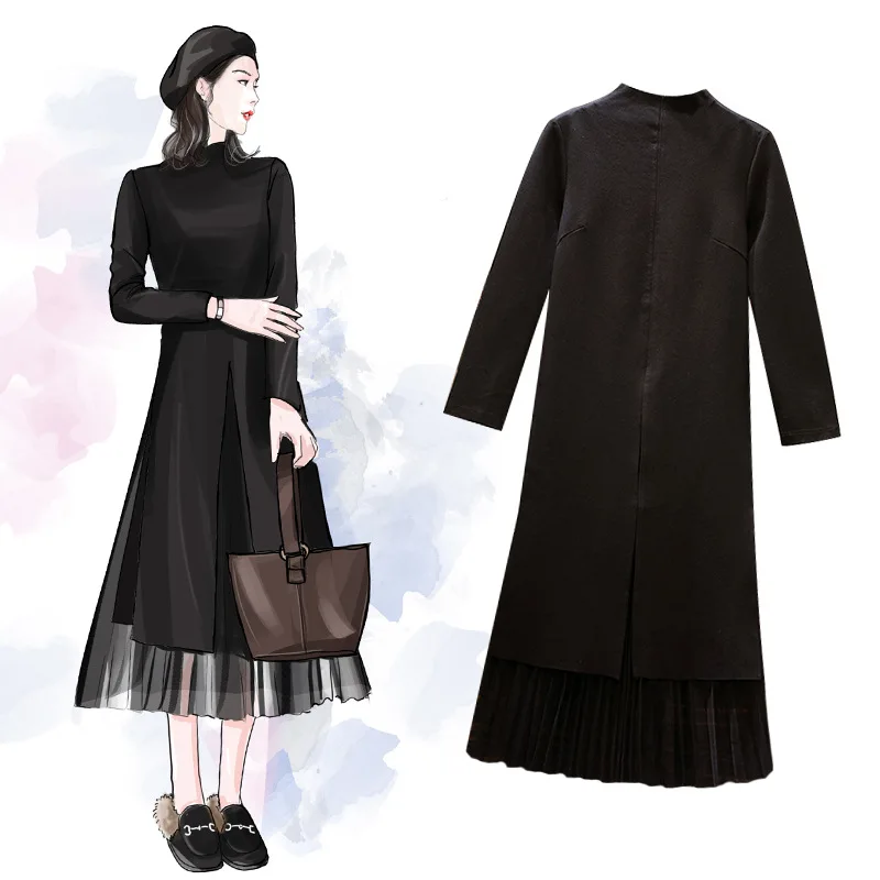 

Spring Clothing New Style Large Size Plus-sized Womenswear Mm Slit Half-Turtle-Neck Dress Mid-length plus Gauze Skirt Fashion Tw