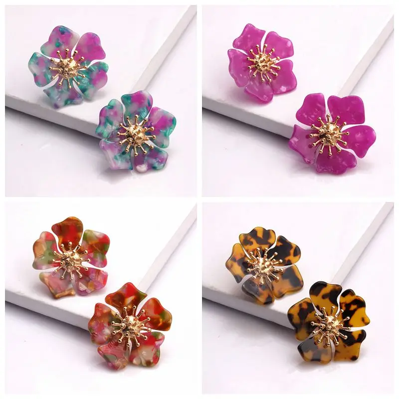 

Fashion Bohemia Big Colorful Flower Resin Stud Earrings For Women Elegant Golden Flower Personalized Acetate Ear Jewelry Gifts