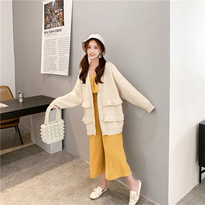 [EAM] Button Ruffles Spliced Big Size Knitting Sweater Loose Fit V-Neck Long Sleeve Women New Fashion Autumn Winter JZ108