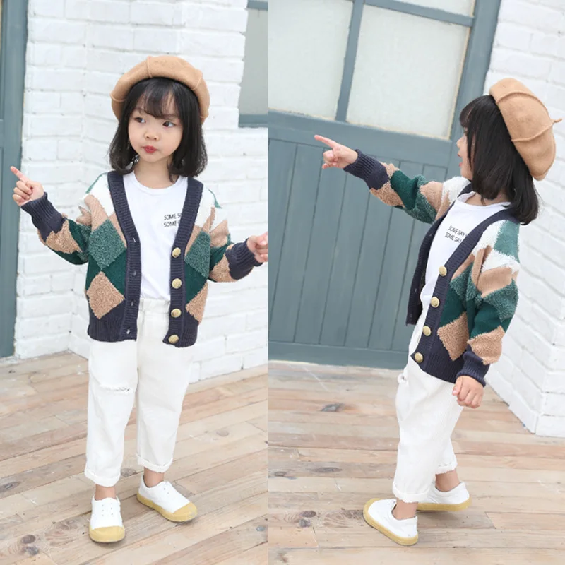 

YK-25035 Children's sweater cardigan diamond block towel flower sweater children's button-down shirt kids clothing factory