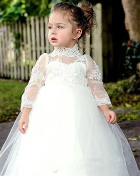 

Flower Girl Dresses white Lace Appliques High Neck Illusion Long Sleeve Tulle Ball Gown Buttons Back Sweep Train Princess Style