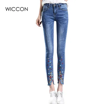 

Embroidery jeans woman Pattern Jeans High Waist Female washed casual skinny pencil pants Pockets sexy slim denim pants WICCON
