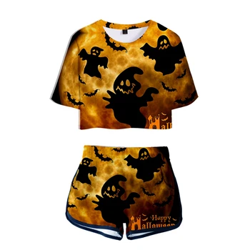 

Halloween Jack pumpkin light 3D Style Two-piece Fashion Summer Umbilical Shirt Woman Fashion Casual Cool Summer Fashion Set