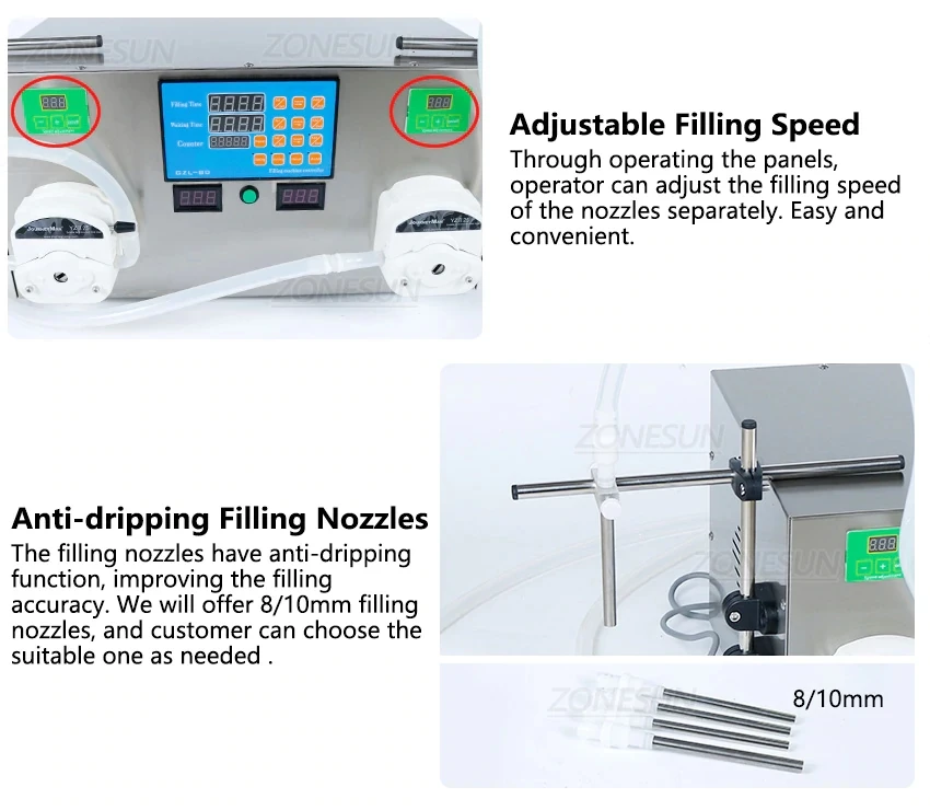 ZONEPACK Настольная полуавтоматическая двойная насадка Жидкий гель Напиток Парфюмерная машина для наполнения Перистальтический насос Наполнитель для воды 4L 