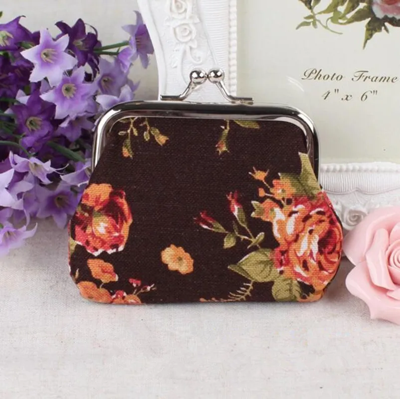 New Women Hasp Purse Bag Clutch Bag Rose Buckle Small Bag Coin Purse Cute Wallet Lady Retro Vintage Flower Small Wallet - Color: Brown