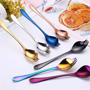 

Creative 2 In 1 Salad Forks Spoon 304 Stainless Steel Three Tooth Multifunction Dessert Fruit Forks Kitchen Tableware