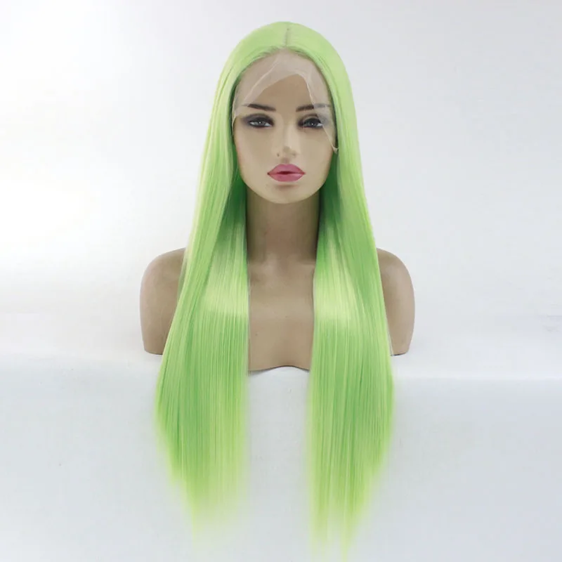 

Lace Front Wig Heat Resistant Fiber Light Green Color 26 Inches Long Straight Glueless Synthetic Lace Cosplay Wigs for Women