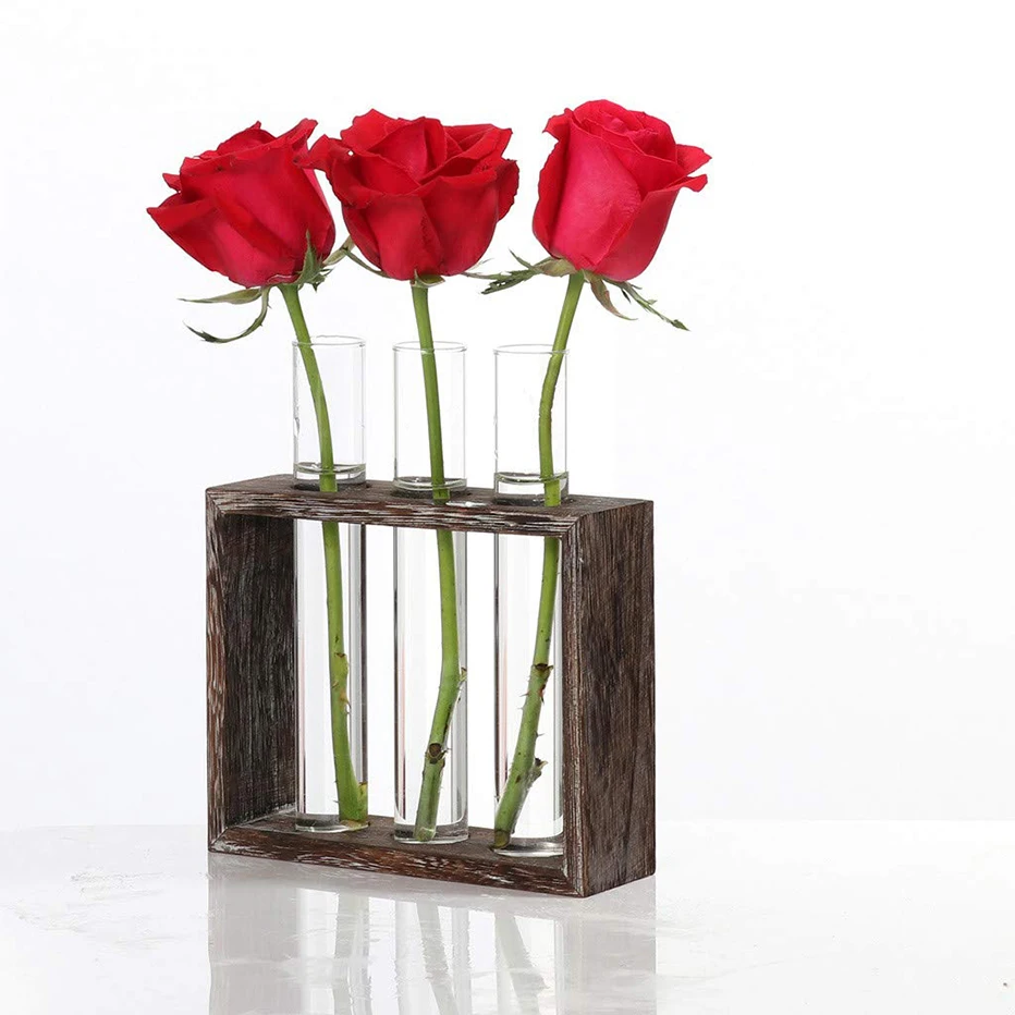 Vintage Wood Stand Rack With Glass Tube Planter Tabletop Flower