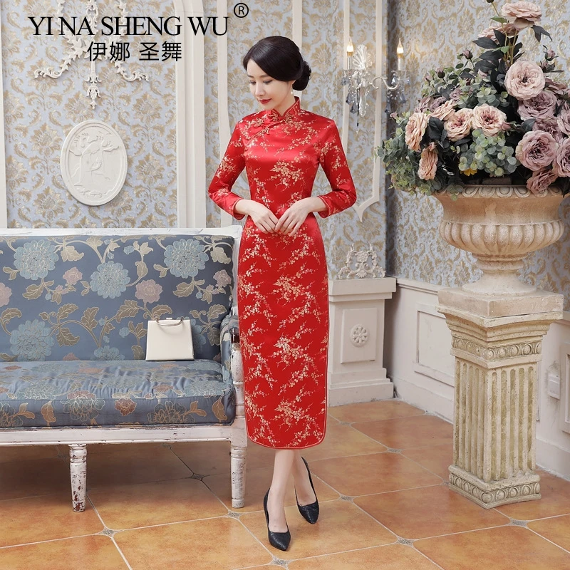 Chinese Tang Suit Lace Cheongsam Long Women Elegant Tight Dress  China Modern Long Brocade Satin Qipao Sexy kimono Wedding Dress