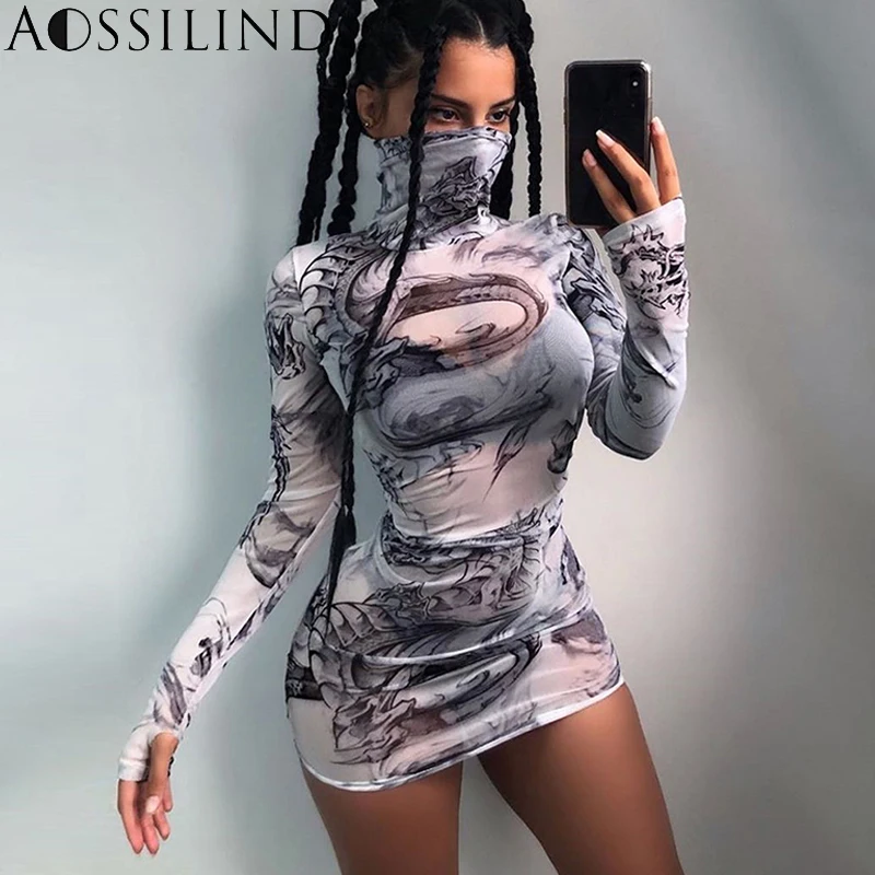 

AOSSILIND Transparent mesh long sleeve sexy mini print dress autumn women bodycon club party dresses streetwear