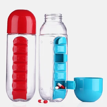 

600ML Water Plastic Bottle With A Day Organizer Pill Box Drinking Bottles Travel Hot Water Bottle