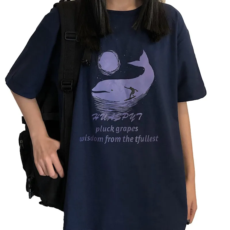 

ZuoLunOuBa Casual Summer Blue Women T Shirt Girl Tees Print Comics Sun Whale Letter Student Loose Short Sleeves Tops Female