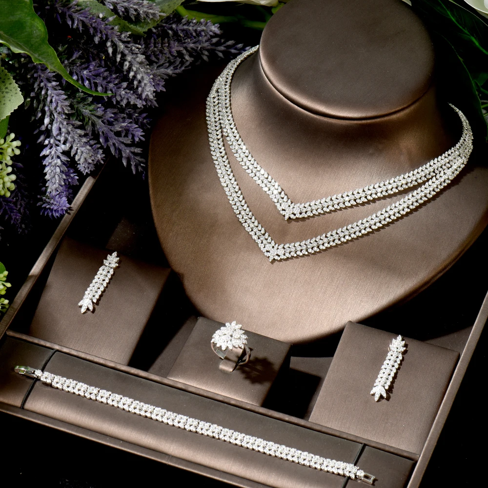 

HIBRIDE Micro Cubic Zircon Pave 2 layers Earrings Necklace Set Bridal Jewelry for Women Wedding Dinner Party Bijoux N-1841