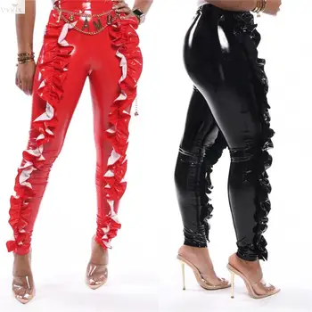 

Sexy Ruffle Pu Leather Pants Women Pleated Patchwork High Waist Pencil Pants Zipper Up Party Clubwear Women Trousers Black Pants