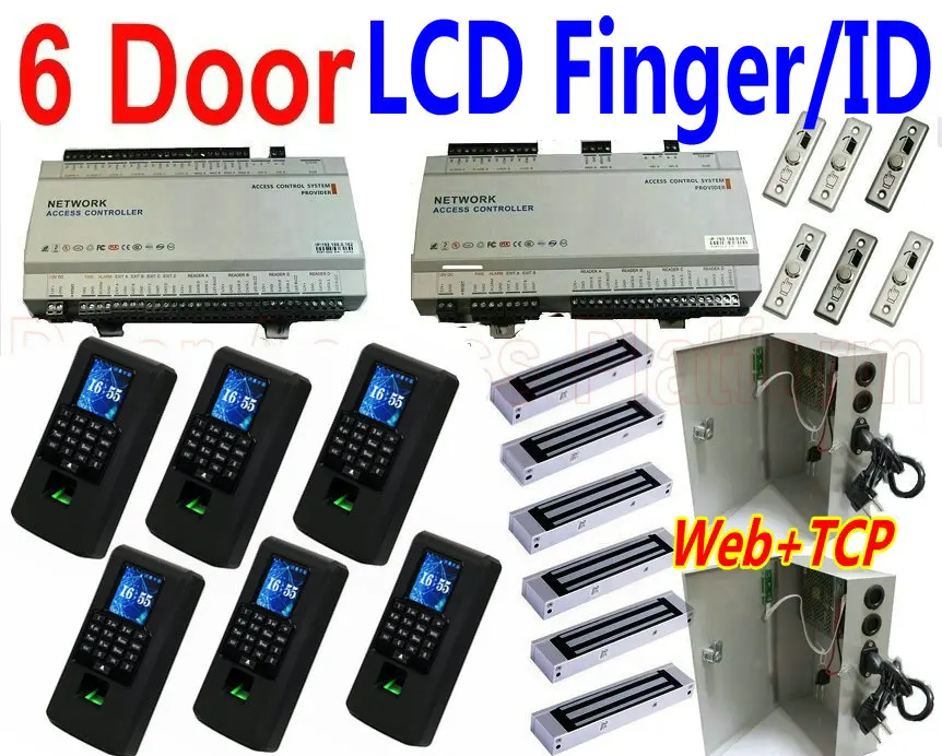6 Door Access Controller Web IP Remote Control pcs of New Biometric Fingerprint/EM ID Card reader+UPS Power+Magentic lock kits |