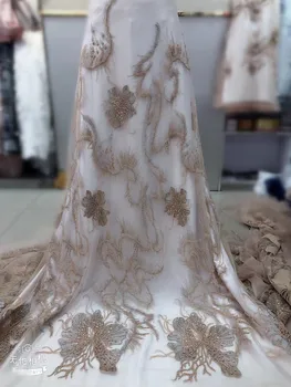 

Latest handmade Beads Embroidery African Tulle Mesh Lace Fabrics Champagne Beaded Lace for Bridal Materials 5 yard