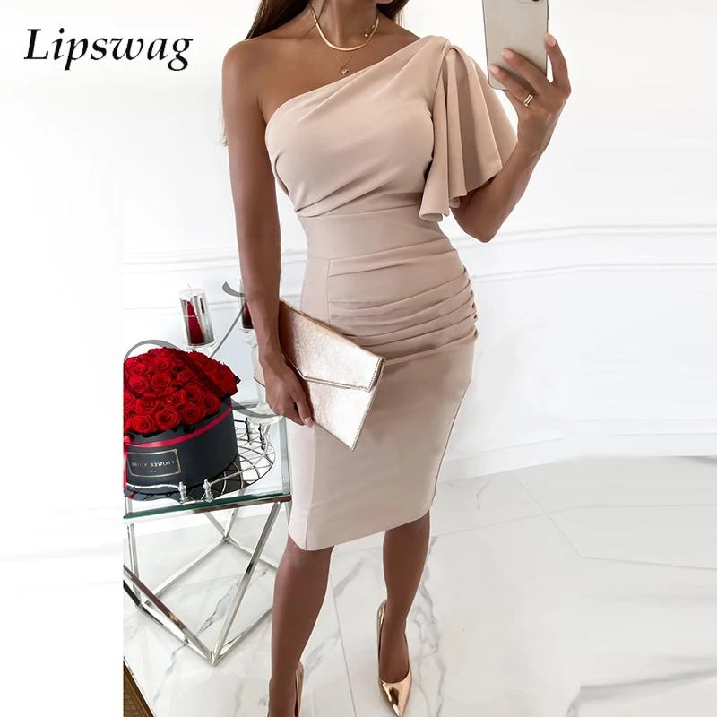 Vestidos drapeados hasta la para mujer, vestido elegante ajustado a la cadera fiesta, a la moda, Sexy, de un hombro, para oficina, otoño| Vestidos| - AliExpress