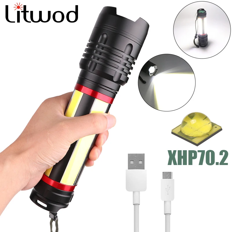 

Litwod Z90 LED flashlight XHP70 Built-in battery Flashlight Multifunction Camping torch Powerful Tactical Flash light Micro USB