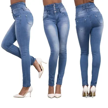 

Spring High Waist Jeans Woman Denim Pencil Pants High Quality Stretch Jeans Pants Women Slim Skinny Button Pockets Jeans