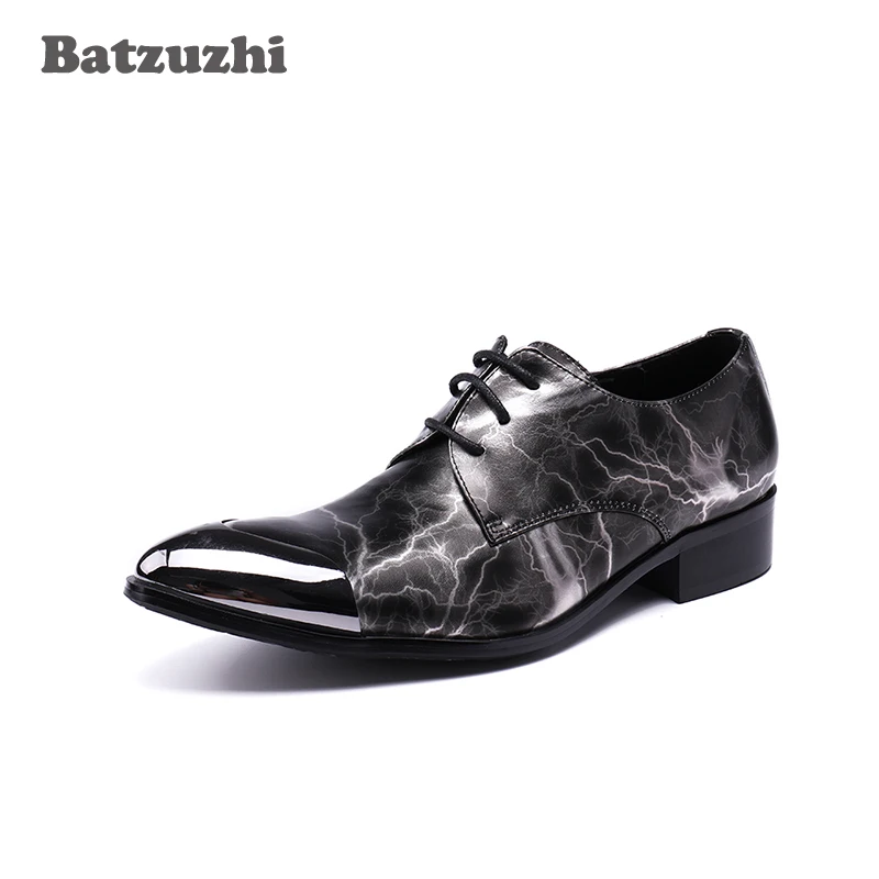 

Batzuzhi 2020 New Men Shoes Pointed Metal Toe Black Lightning Pattern Leather Men Dress Shoes Oxfords Party Zapatos Hombre