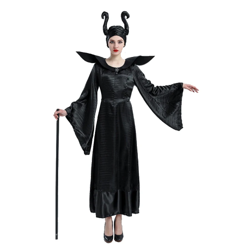 Black Long sleeve Carnival Lady Maleficent Costume Fairy Demon Evil Witch Cosplay Halloween Party Fancy Dress Plus Size Costume - Цвет: Black