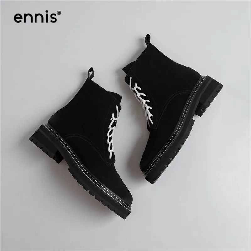 ENNIS Autumn Winter Women Boots Genuine Leather Platform Thick Sole Martin Boots Lace Up Ankle Boots Suede Zip Shoes A9160 - Цвет: Suede Black