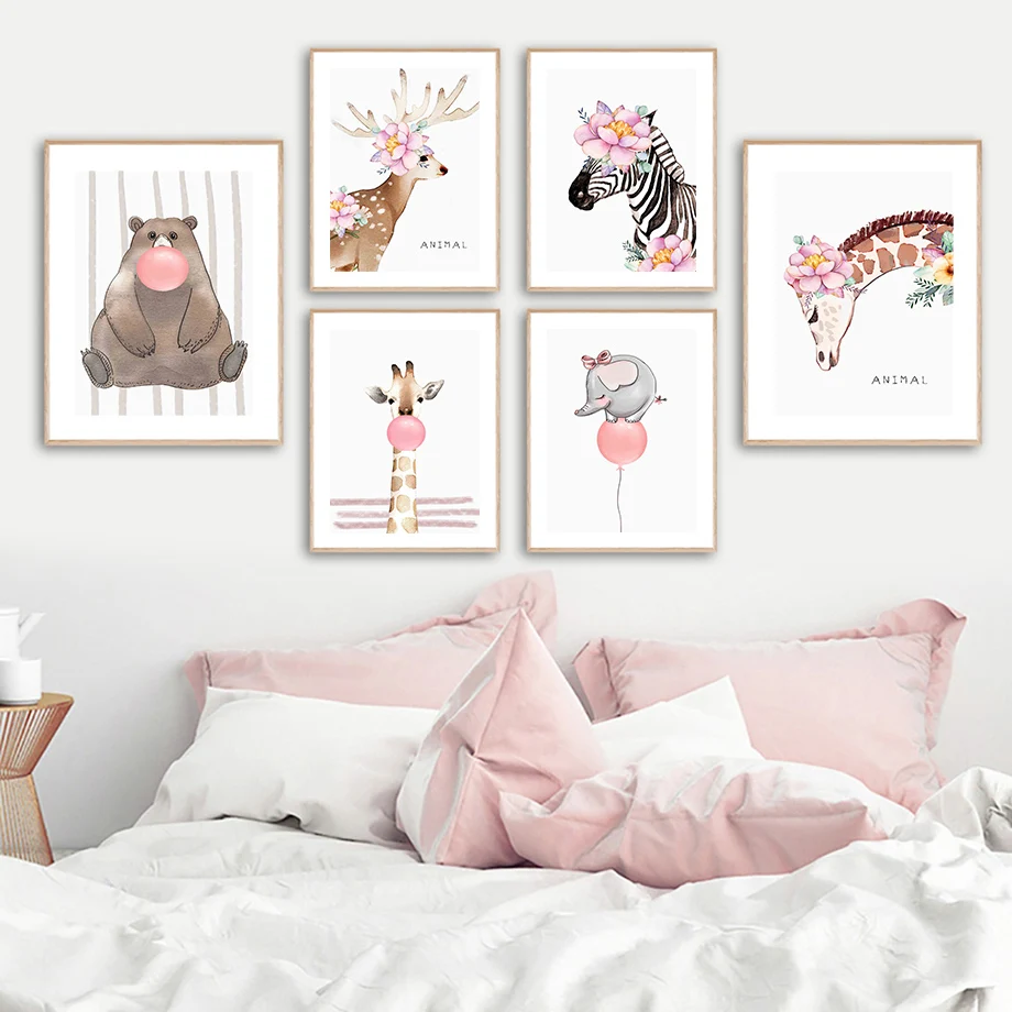 Bear Deer Zebra Giraffe Elephant Peach Blossom Wall Art Canvas Painting Nordic Posters And Prints Pictures Kids Room Decor | Дом и сад