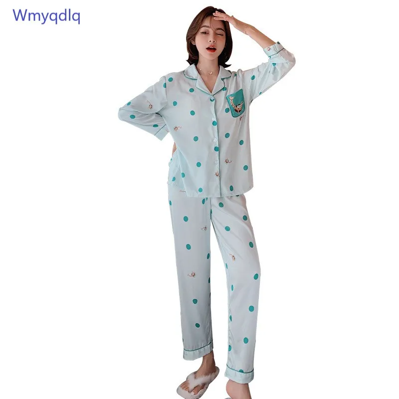 

Pajamas Women Spring And Autumn Long-Sleeved Trousers Ice Silk Thin Two-Piece Suit Imitation Ladies Pijamas Home Service Pyjamas