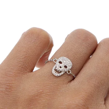 

2018 new cool hiphop rock women jewelry micro pave cz skull charm delicate chain 925 sterling silver high quality minimal ring