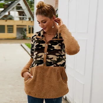 

Camouflage Stitching Hoodies Sweatshirt Women Plush Zipper Women Long Sleeve Warm Winter Autumn Loose Pullover