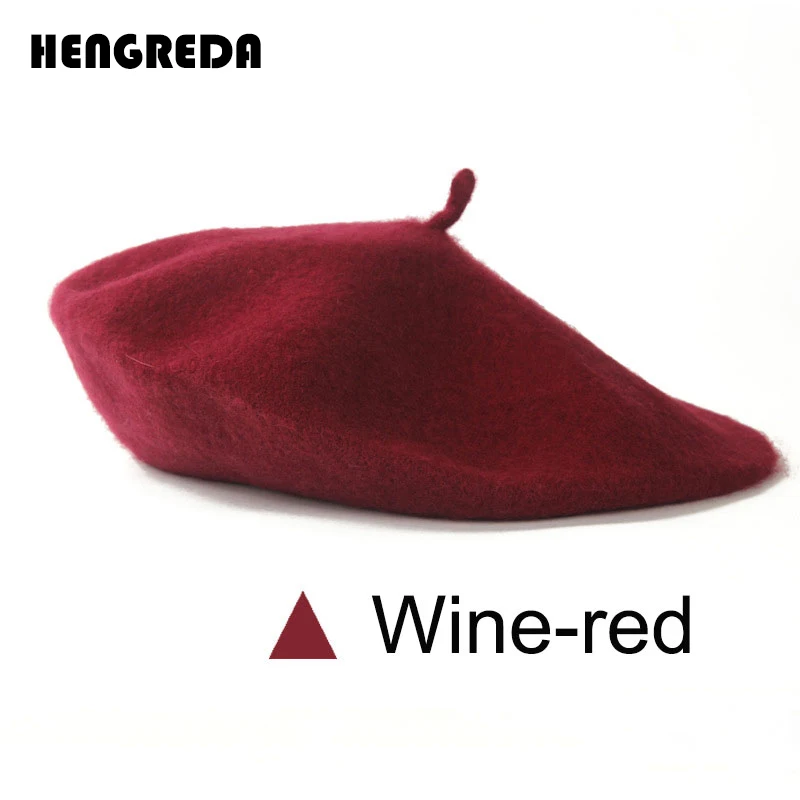 Wine-red Женский берет, шапка, Дамская, Haps, во французском стиле, шапочка, s, французская мода, шерсть, одноцветная, Hengreda, шапка для женщин и девушек - Цвет: Wine-red