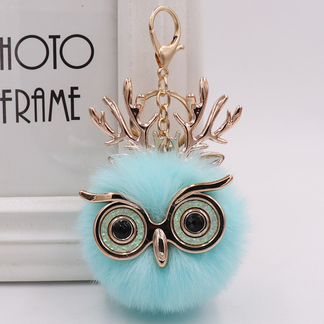 Cute Sequin Ears Owl Keychain Fluffy Artificial Rabbit Hairy Pom-pom Keychain Women's Shoulder Bag Owl Pendant Key Ring