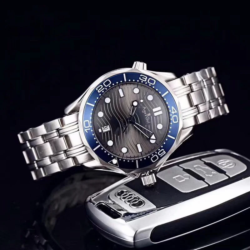 

Luxury Brand New Men Grey Automatic Mechanical Watch Black James Bond 007 Blue Ceramic Bezel Crystal Sapphire Sport Limited AAA+