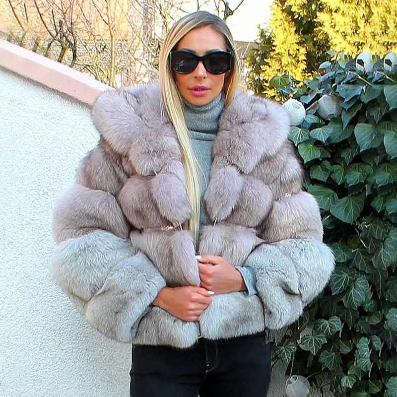 New Patchwork Thick Warm Real Fox Fur Coat With Hood Fashion Pelt Genuine Fox Fur Jacker Women Winter Outwear Luxury Coats