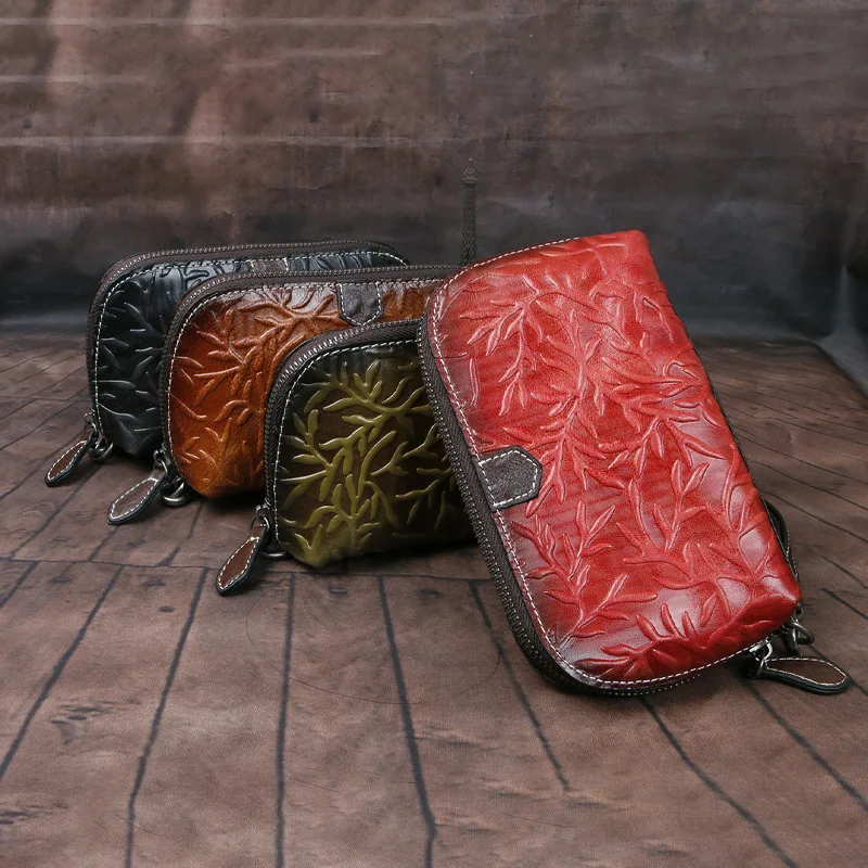 

Рельефная кожа, Новый китайский стиль, вместительные женские сумки из воловьей кожи, многофункциональный атмосферный женский кошелек в стиле ретро