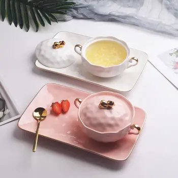 

Exquisite bird's nest dessert bowl set European style small luxury sago bowl home yogurt bowl with lid