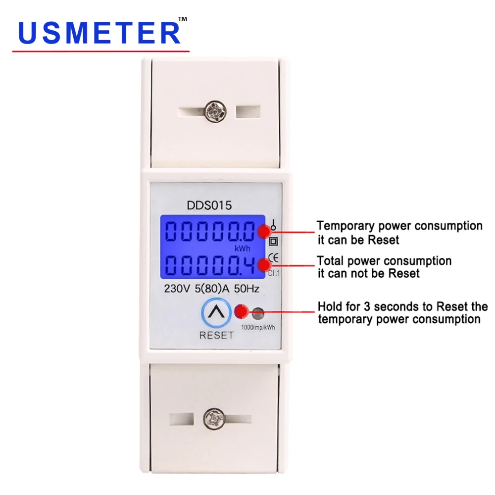 Electric Energy Meter 5-80A 230V 50Hz Digital LCD Single Phase Energy Consumption Wattmeter with DIN Rail Mounting DDS015 Electric Energy Meter 5-80A 230V 50Hz Digital LCD Single Phase Energy Consumption Wattmeter with DIN Rail Mounting DDS015