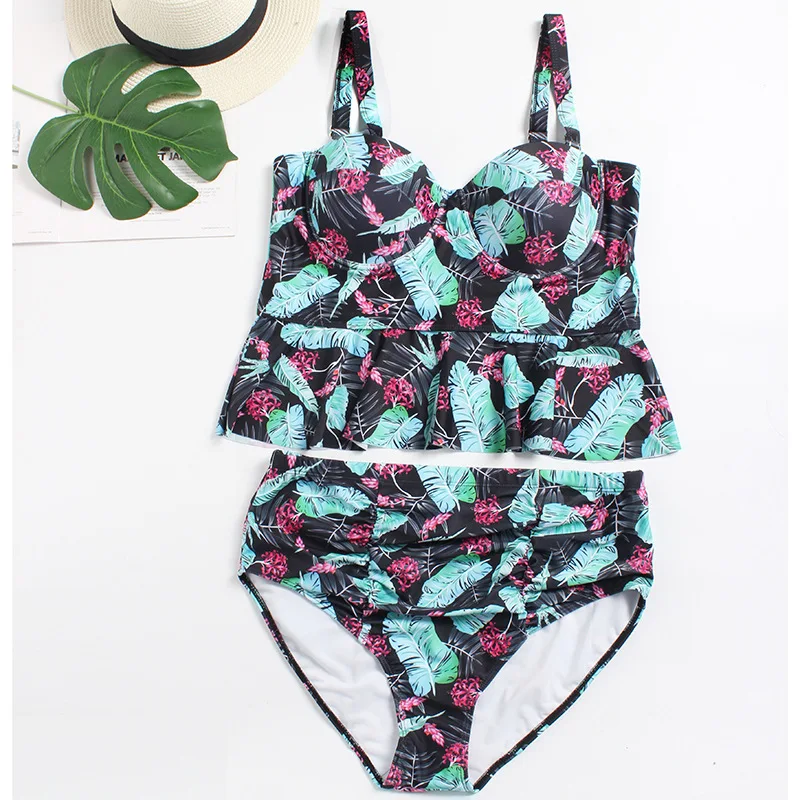 

2019 New Style Sexy Plus-sized Printing Code Bathing Suit Underwire Push up Five-Color Large Size Split Type Bikini WOMEN'S Swim