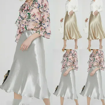 

Satin Lady Fashion Women Trumpet High Waist Skirt Silver Gold Long Skirt Metallic Color Party Skirt