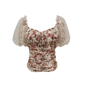 

Brand Fashion Women's High-end Luxury Summer Vintage Floral Mesh Square Short-sleeved Slim Rose Floral Shirt Blouse