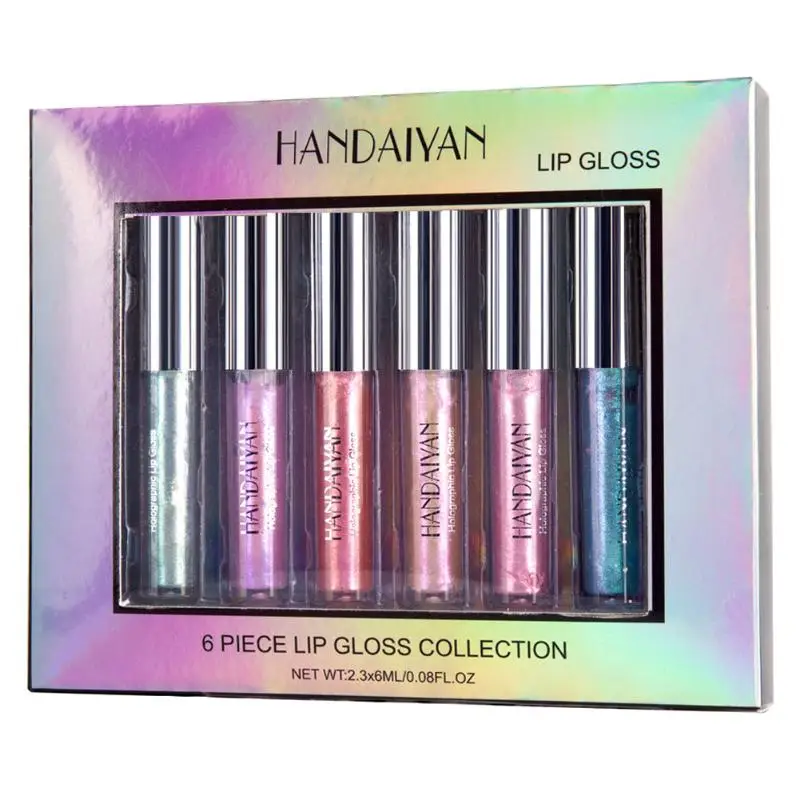 HANDAIYAN 6pcs/set Shimmer Lip Gloss Crystal Glow Laser Holographic Waterproof Non-stick To The Cup Lip Stick Plumper Gloss