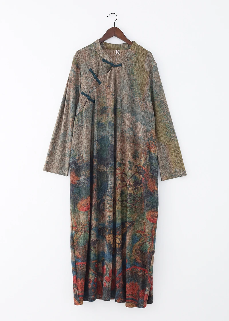 New Autumn Maxi Dresses for Women Vintage Loose Long Sleeve Dress Women Knitting RetroRabbit Hair Printed Robe Winter Vestidos