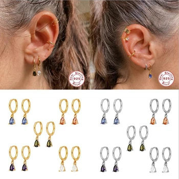 

S925 Sterling Silver CZ Water Drop Huggies Hoop Earrings For Engagement Valentine's Bling Rainbow Zircon Pendientes Fine Jewelry