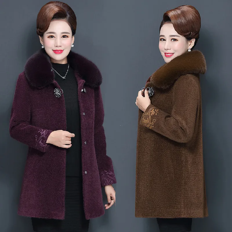 Women Winter Soft Thick Artificial Mink Woolen Coat Female Elegant Sheep Sheared Coat Middle-aged Women Winter Jacket W1344
