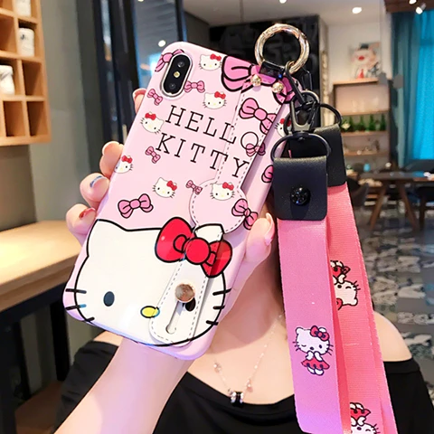 Милый hello kitty Cat кронштейн+ ремешок чехол для iphone 7 Чехол Xs Max 6 6s 8 Plus X Xr мультфильм мягкий ТПУ чехол для телефона - Цвет: With lanyard 1